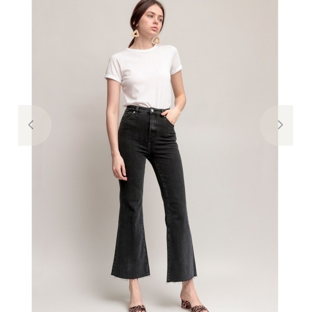 Rollas Free People Eastcoast Crop Flare Jeans Womens 27 High Rise Black Raw‎ Hem